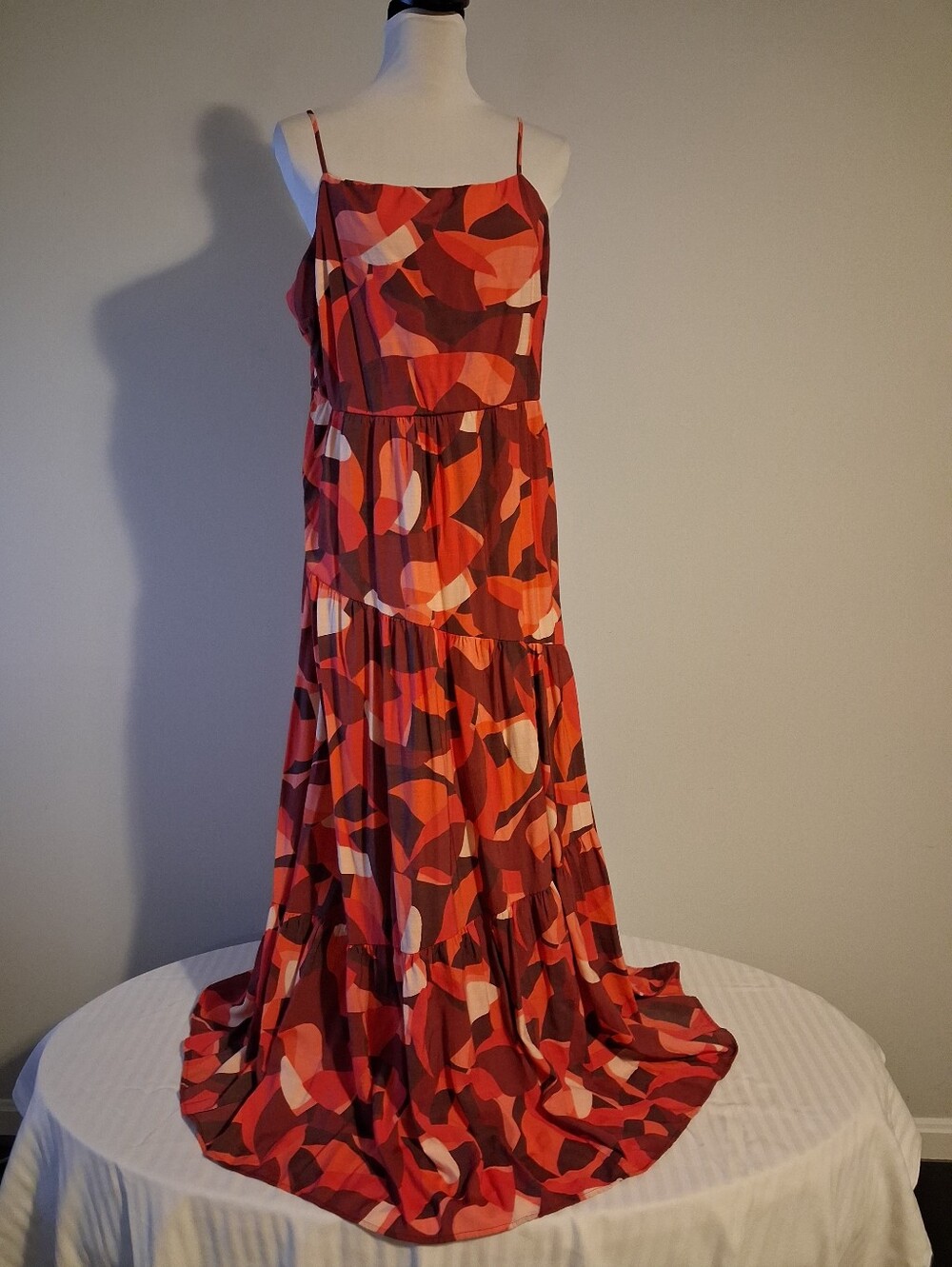 Maxi Dress - Red and Coral Abstract Print Tiered Maxi Dress